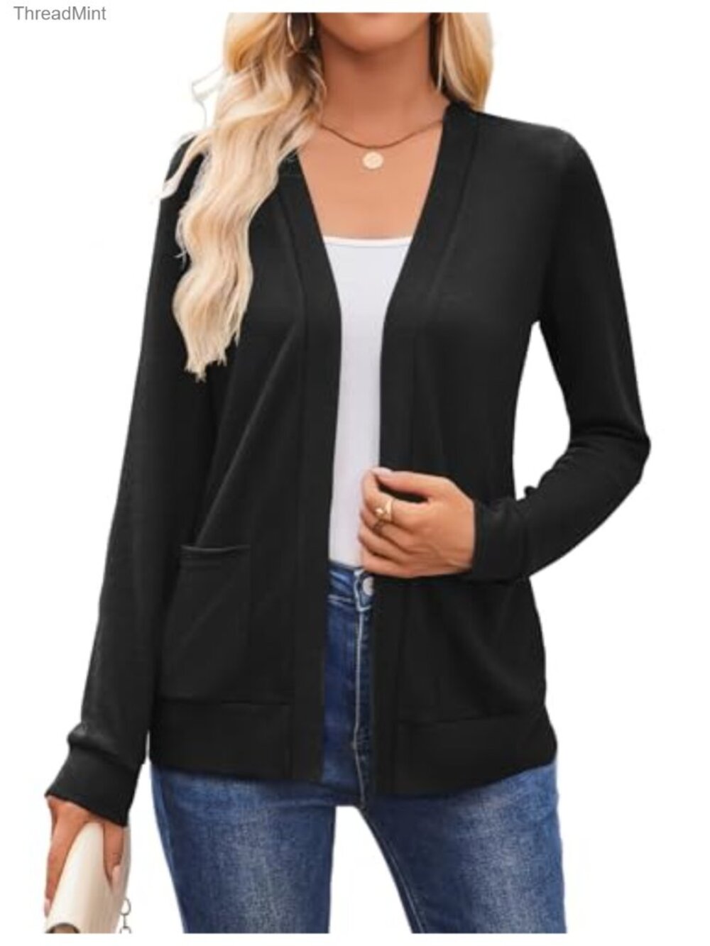 Lightweight Knit Open Front Cardigan with Pockets Loose Fit V-Neck